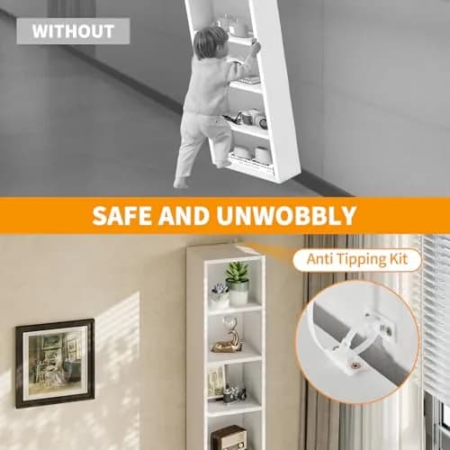 OneBlis 8-Tier Narrow Bookshelf 71.5" Tall White | Modern Wooden Book Shelf with Storage thumbnail 4