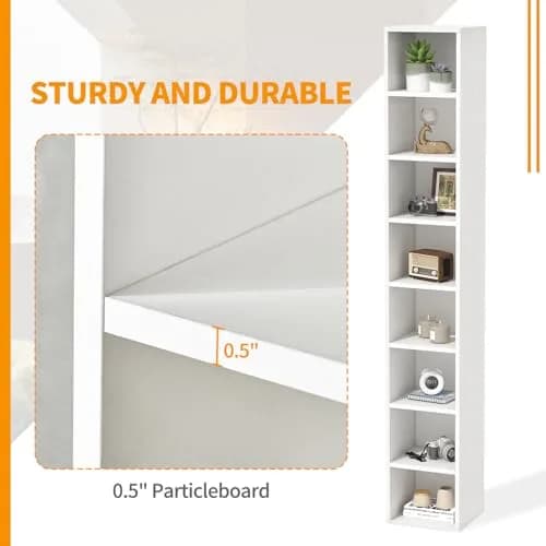 OneBlis 8-Tier Narrow Bookshelf 71.5" Tall White | Modern Wooden Book Shelf with Storage thumbnail 5