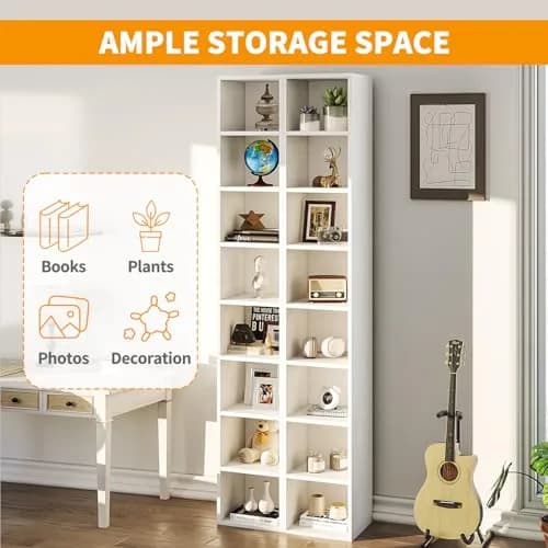 OneBlis 8-Tier Narrow Bookshelf 71.5" Tall White | Modern Wooden Book Shelf with Storage thumbnail 6