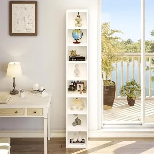OneBlis 8-Tier Narrow Bookshelf 71.5" Tall White | Modern Wooden Book Shelf with Storage thumbnail 7