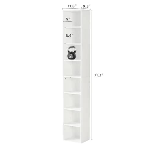 OneBlis 8-Tier Narrow Bookshelf 71.5" Tall White | Modern Wooden Book Shelf with Storage thumbnail 2
