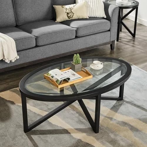 BAYYELL 46 inch Round Coffee Table Tempered Glass Solid Wood Base | Modern Living Room Centerpiece thumbnail 1