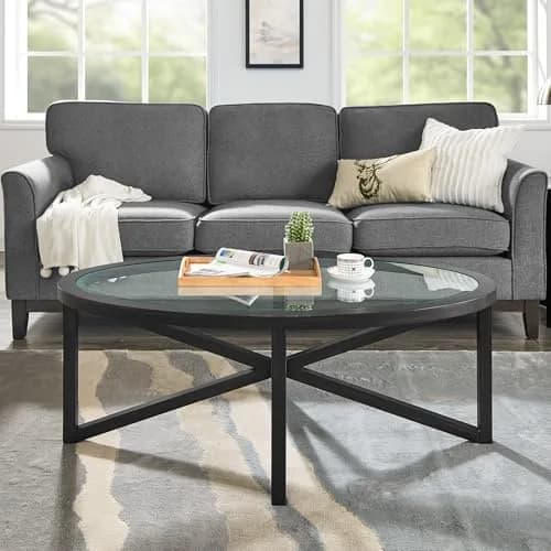 BAYYELL 46 inch Round Coffee Table Tempered Glass Solid Wood Base | Modern Living Room Centerpiece thumbnail 4
