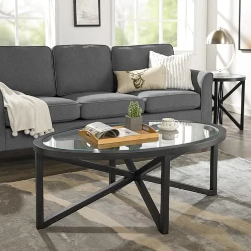 BAYYELL 46 inch Round Coffee Table Tempered Glass Solid Wood Base | Modern Living Room Centerpiece thumbnail 3