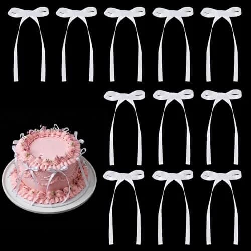 NatNarr White Ribbon Bow Cake Toppers, 30 Pack | Handmade Polyester for Birthday & Wedding - main product image