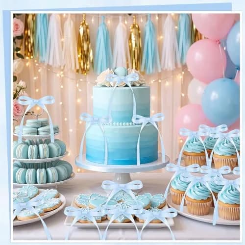 NatNarr Light Blue Bow Cake Toppers 30 Pack | Handmade Polyester Ribbons for Parties thumbnail 4