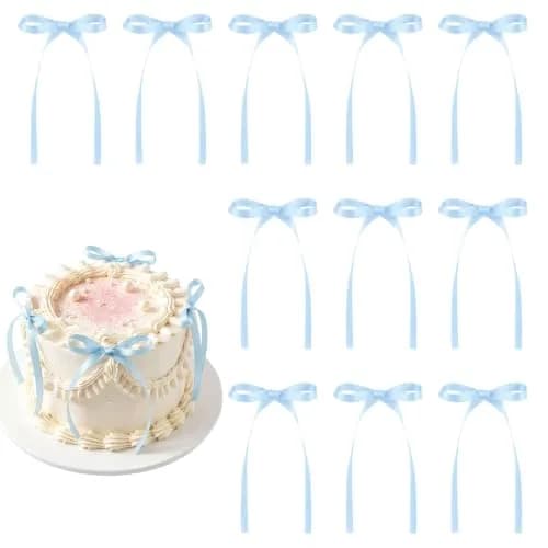 NatNarr Light Blue Bow Cake Toppers 30 Pack | Handmade Polyester Ribbons for Parties thumbnail 1