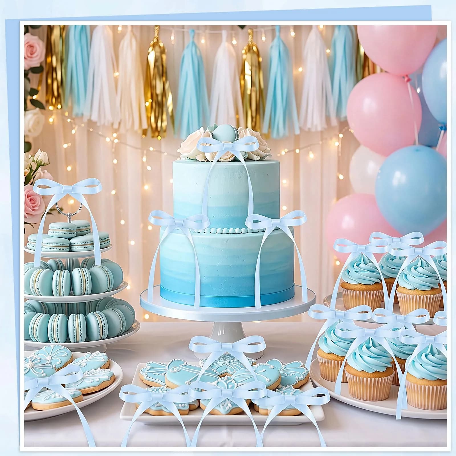 NatNarr Light Blue Ribbon Bow Cake Toppers (30 Pack, 2.9 x 5.7 inches) | Handmade Quality for Indian Celebrations - view 4