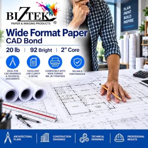 BIZTEK Wide Format Paper CAD Bond Rolls 36 inches x 300 ft | Vivid, Long-Lasting Prints thumbnail 4