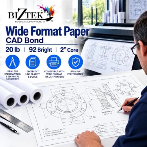 BIZTEK Wide Format Paper CAD Bond Rolls 36 inches x 300 ft | Vivid, Long-Lasting Prints thumbnail 2