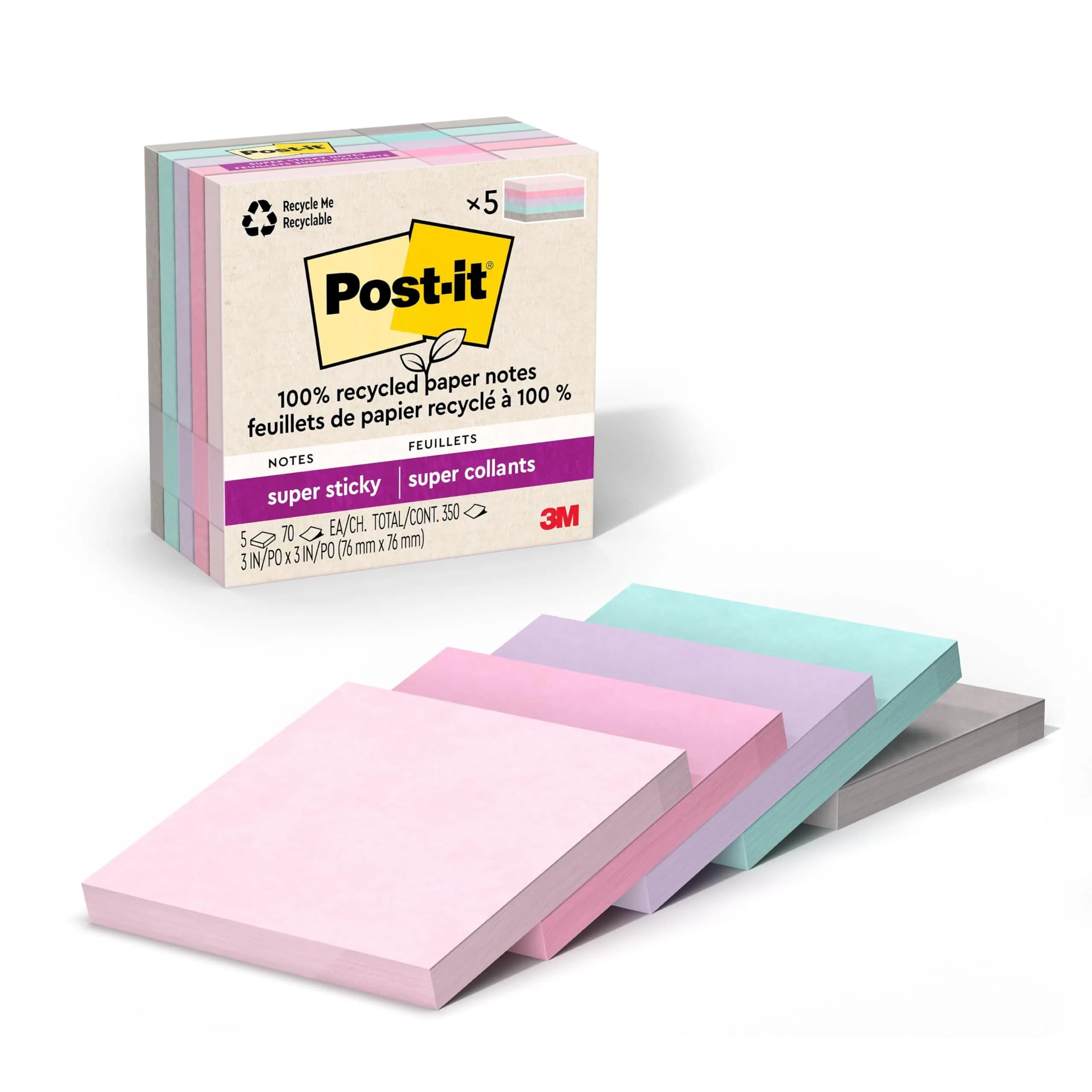 Post-it Super Sticky Notes Wanderlust Pastels Collection 3x3 in, 70 Sheets/Pad, 24 Pads | 2X Sticking Power, Recycled Paper — 70 Sheets