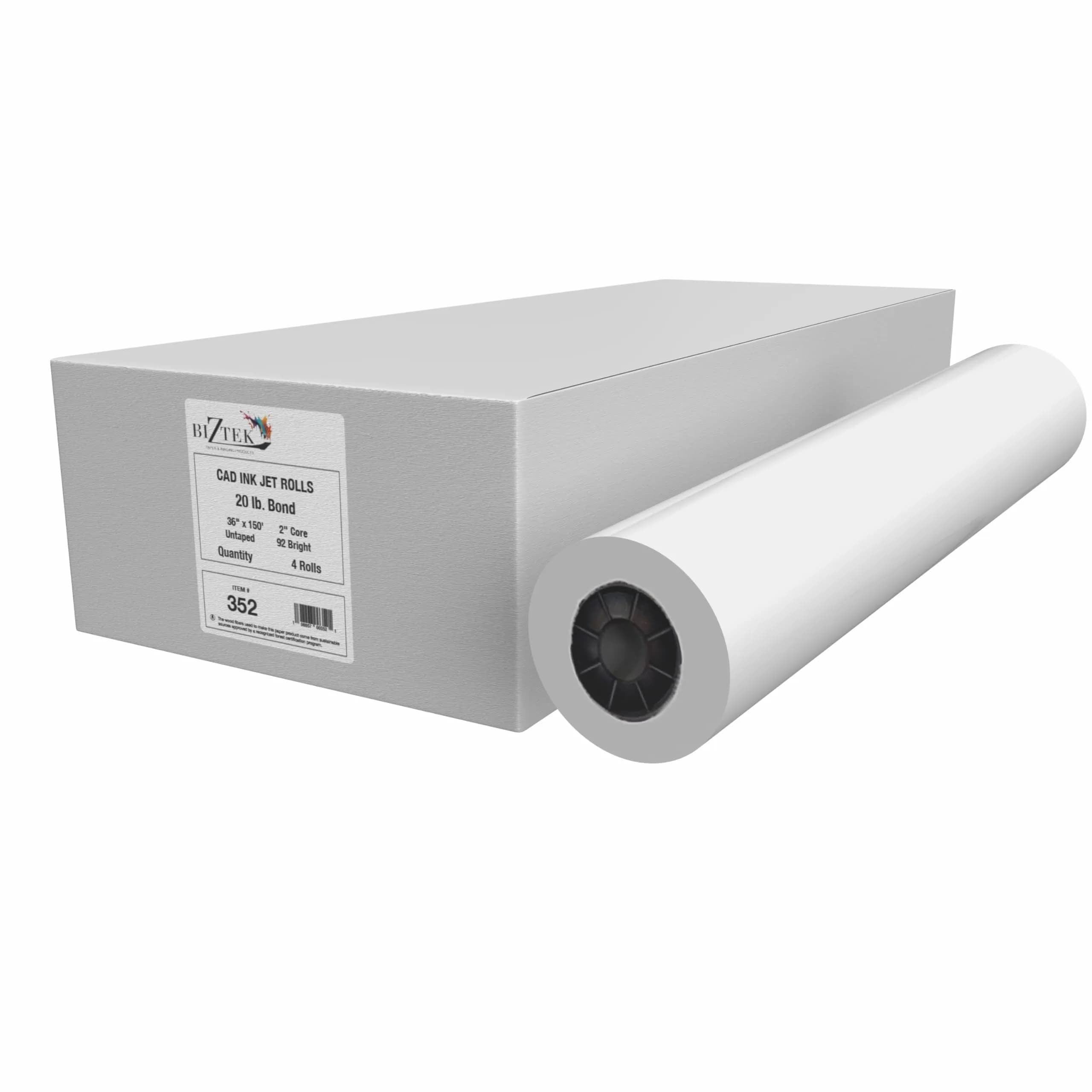 BIZTEK Wide Format Paper CAD Bond Rolls (20lb | 4 Rolls, 36 In x 150 Ft | 2" Core) | Crisp, Vivid Prints - main product image