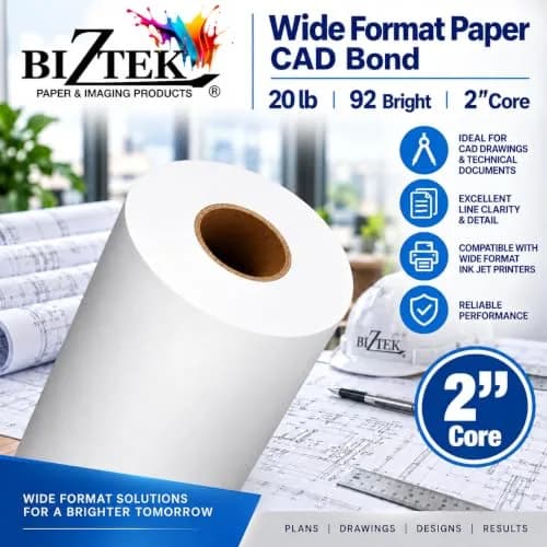 BIZTEK Wide Format Paper CAD Bond Rolls (20lb | 4 Rolls, 36 In x 150 Ft | 2" Core) | Crisp, Vivid Prints thumbnail 4