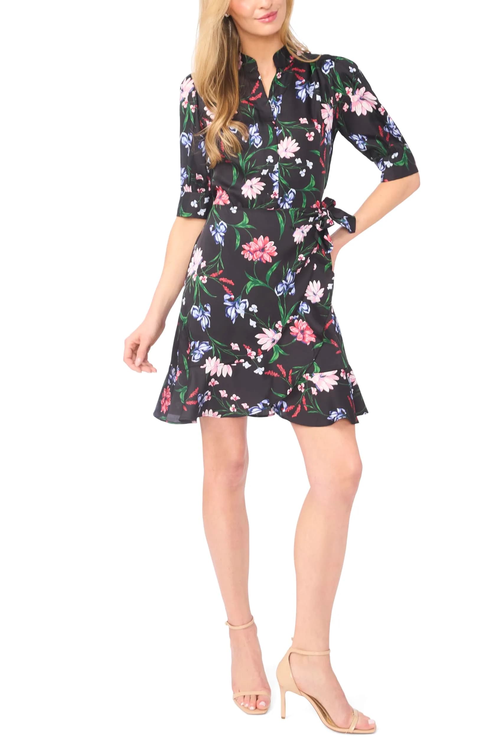 CeCe Ruffle WRAP Hidden Placket Dress Rich Black | Feminine, Flattering Fit, Spring/Summer - main product image