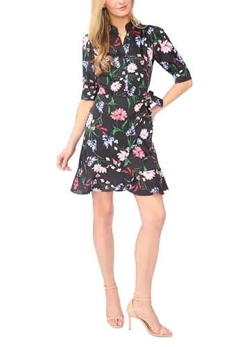 CeCe Ruffle WRAP Hidden Placket Dress Rich Black | Feminine, Flattering Fit, Spring/Summer thumbnail 1