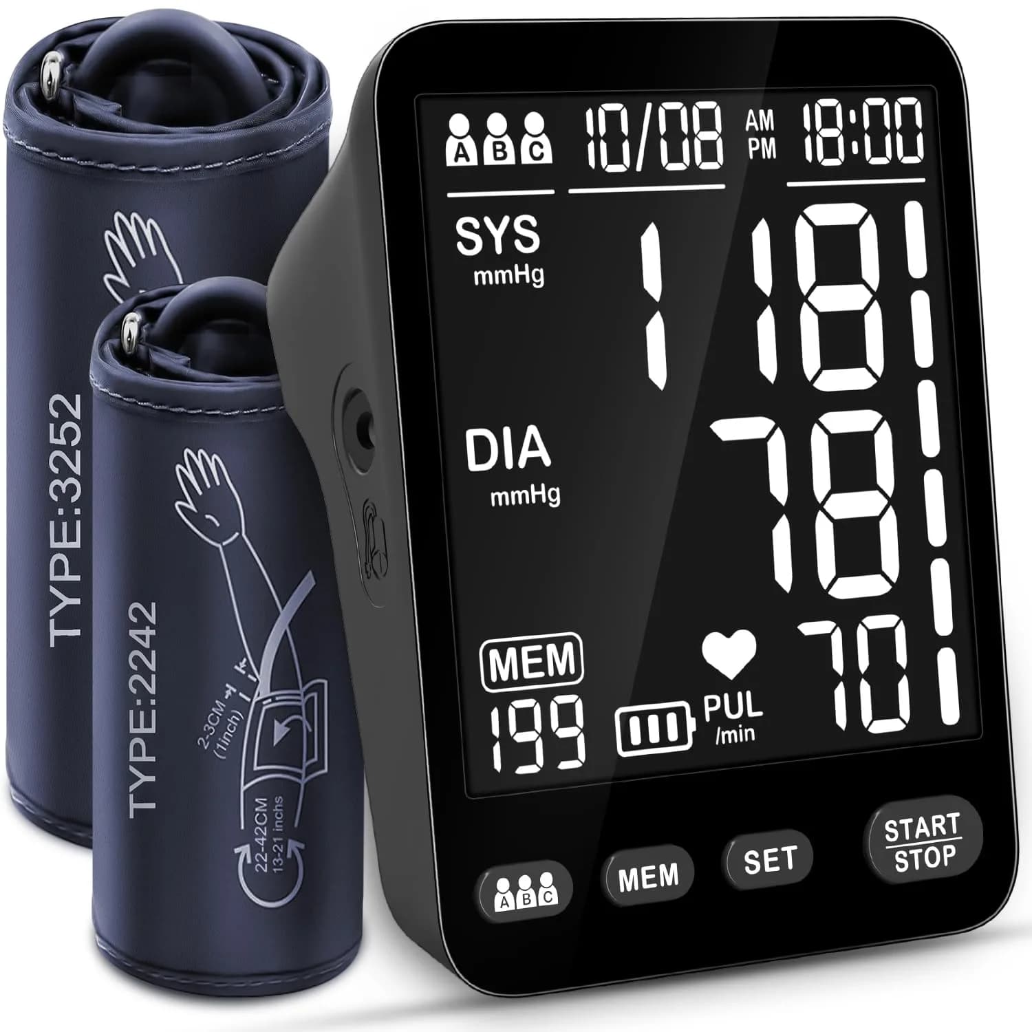 YONLO Automatic Upper Arm Blood Pressure Monitor | 3 Users, 199 Readings, Dual Cuffs (9-17" & 13-21") - main product image