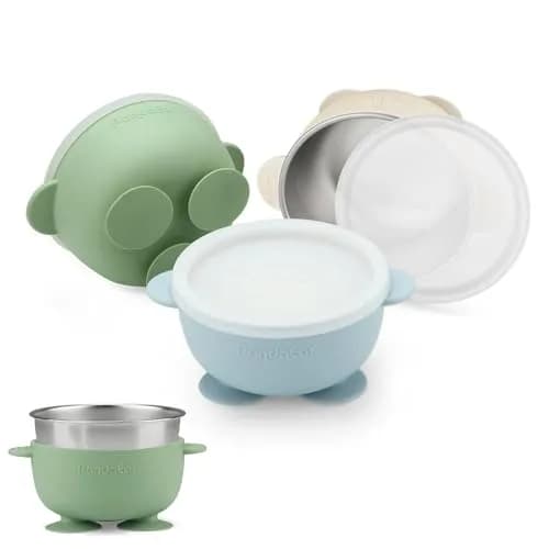 PandaEar Stainless Steel Baby Suction Bowls | Non-Slip, Unbreakable, Mess-Free (Blue Green Beige, With Lids) thumbnail 1