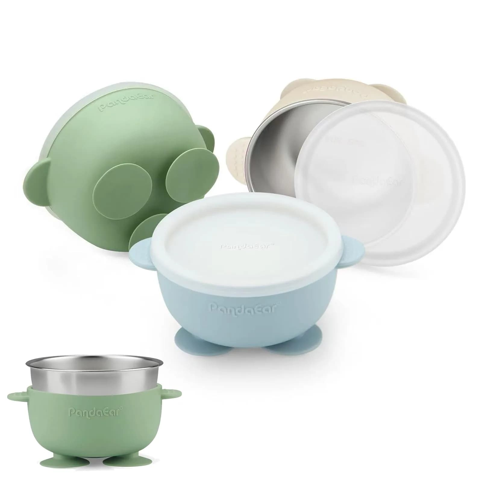 PandaEar Stainless Steel Baby Suction Bowls | Non-Slip, Unbreakable, Mess-Free (Blue Green Beige, With Lids)