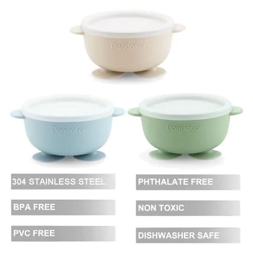 PandaEar Stainless Steel Baby Suction Bowls | Non-Slip, Unbreakable, Mess-Free (Blue Green Beige, With Lids) thumbnail 3