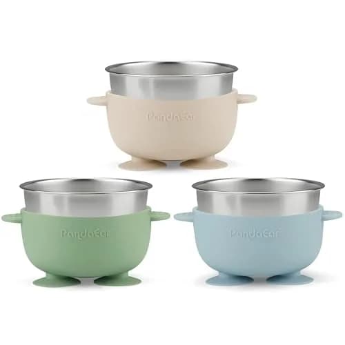 PandaEar Stainless Steel Baby Suction Bowls | Non-Slip, Unbreakable, Mess-Free (Blue Green Beige, With Lids) thumbnail 4