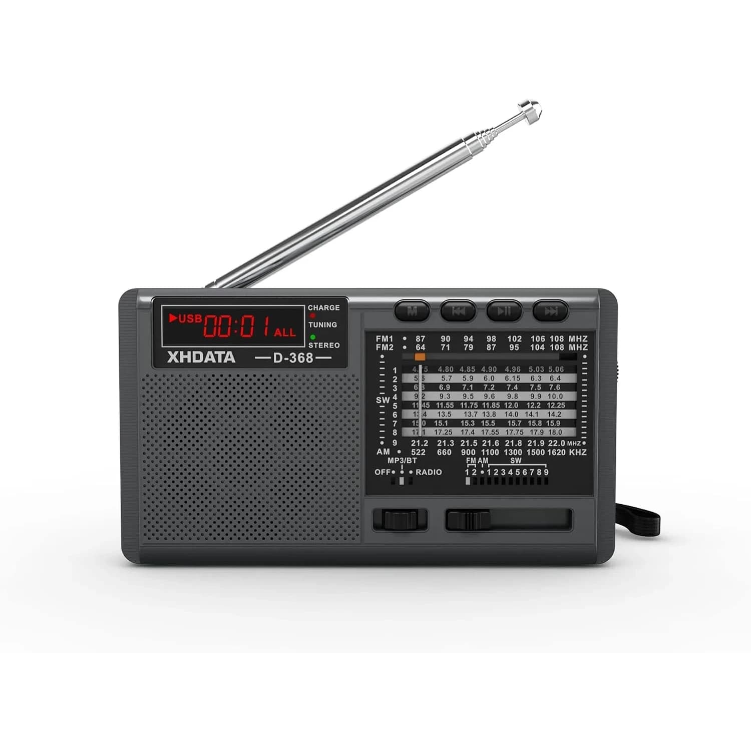 XHDATA D368 Portable AM FM Shortwave Radio with DSP Chip, 2000mAh Battery, Dark Grey | Global Broadcast Receiver - main product image