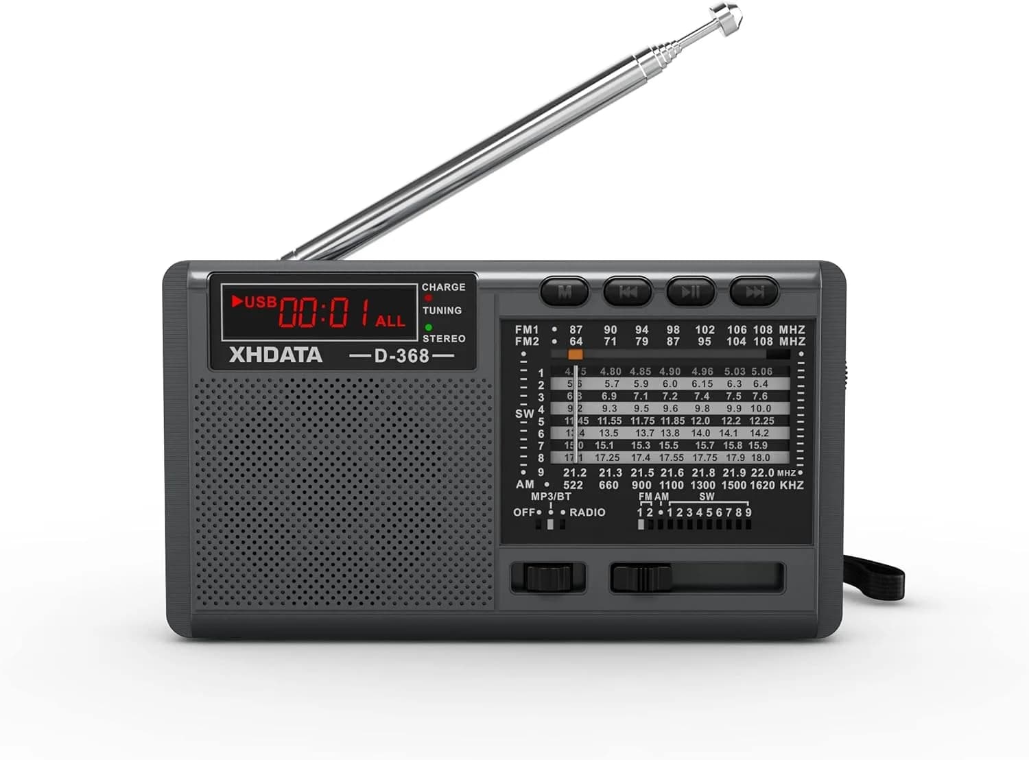 XHDATA R108 Portable Radio - Dark Grey | AM/FM/SW/LW/Airband Receiver with DSP Chip - main product image