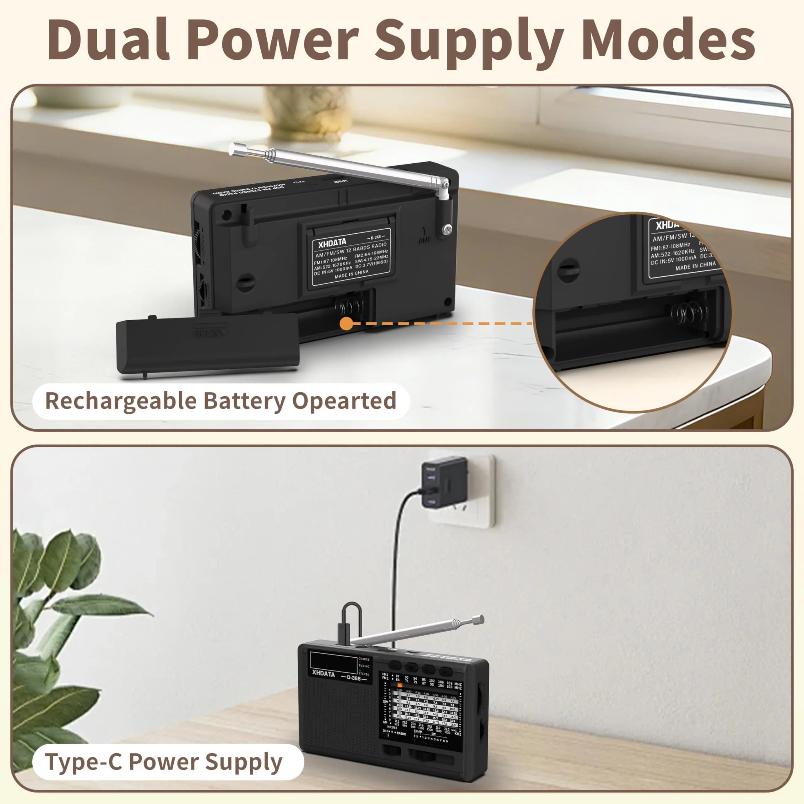 XHDATA D368 Portable AM FM Shortwave Radio with DSP Chip, 2000mAh Battery, Dark Grey | Global Broadcast Receiver - view 6
