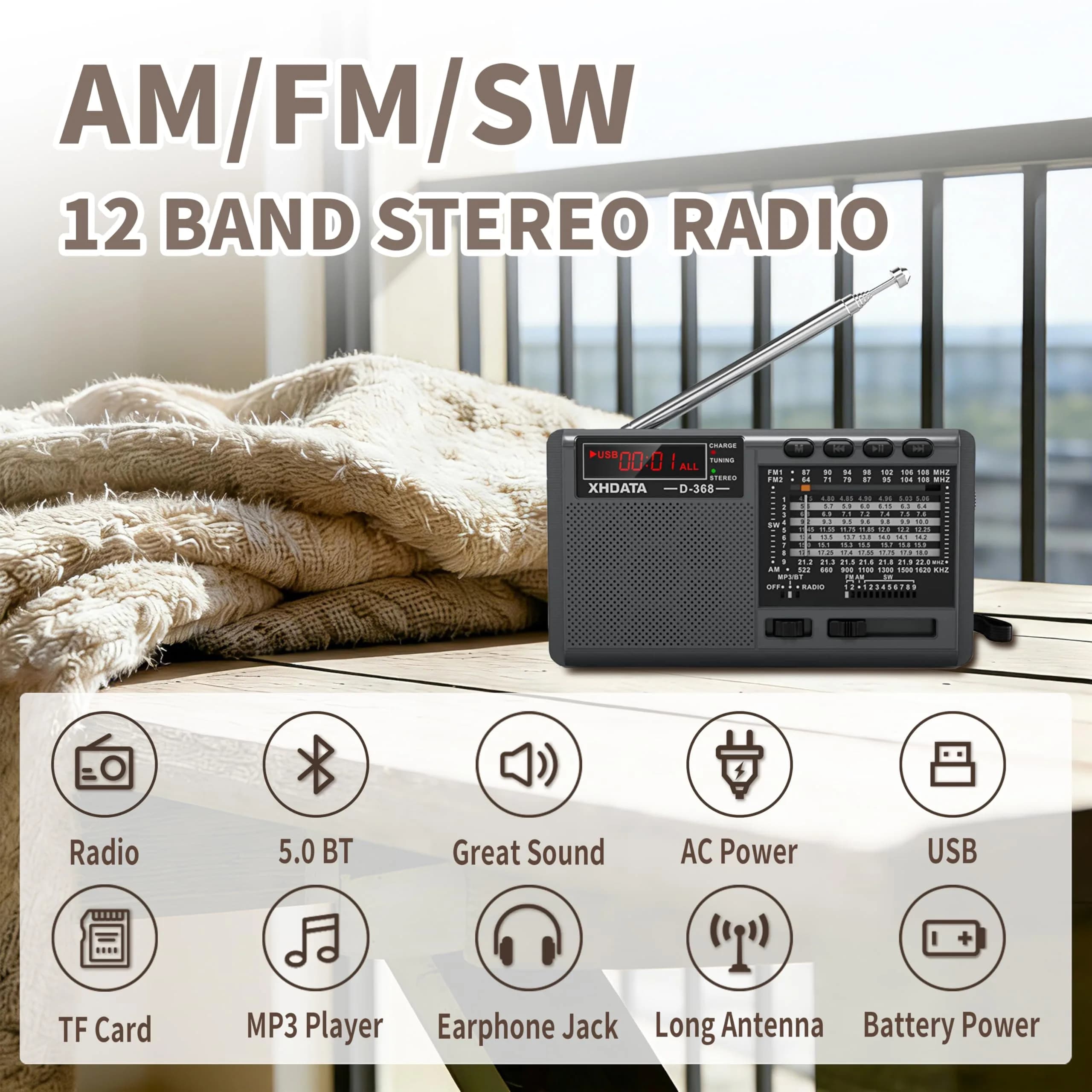 XHDATA R108 Portable Radio - Dark Grey | AM/FM/SW/LW/Airband Receiver with DSP Chip - view 2