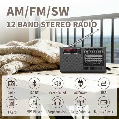 XHDATA D368 Portable AM FM Shortwave Radio with DSP Chip, 2000mAh Battery, Dark Grey | Global Broadcast Receiver thumbnail 2