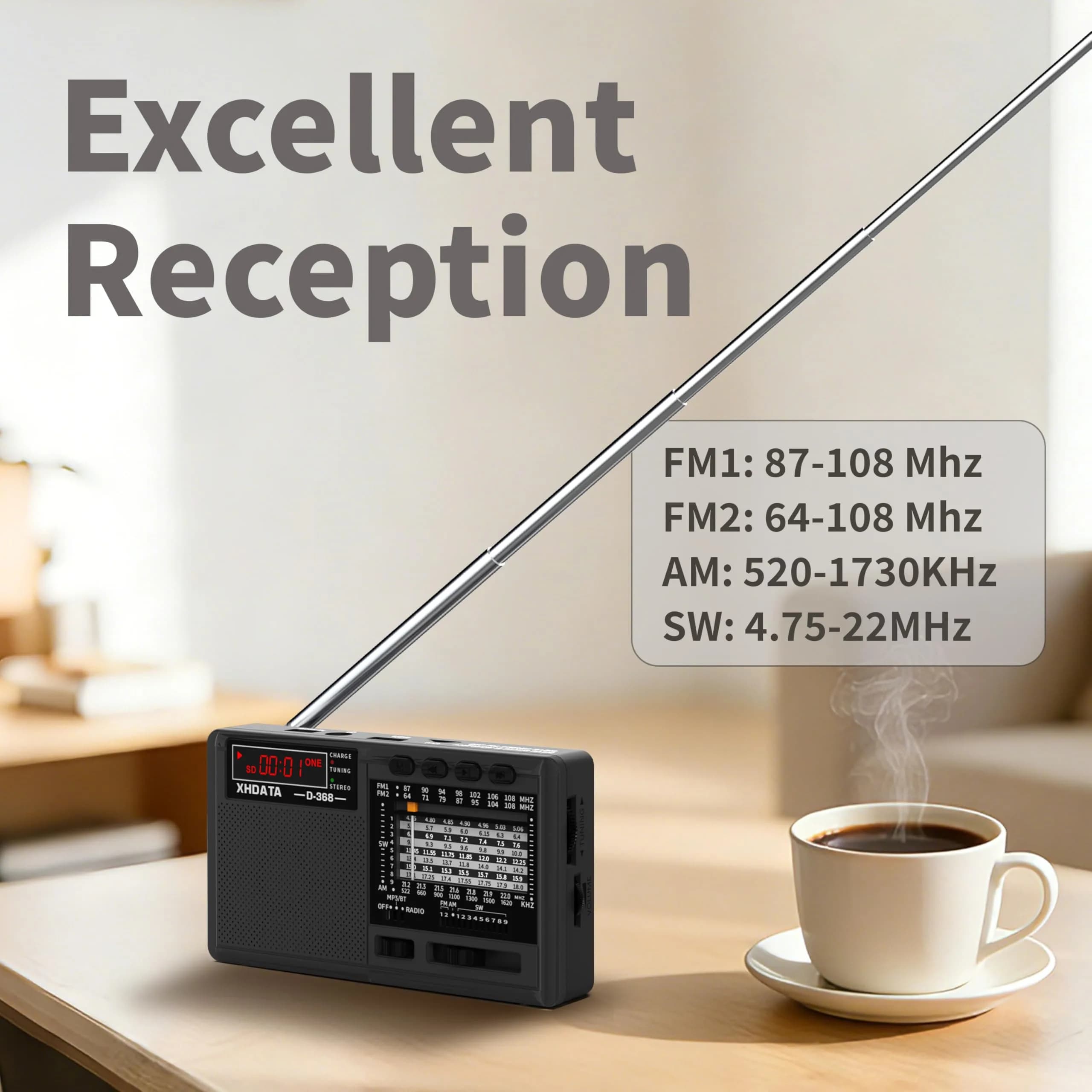 XHDATA R108 Portable Radio - Dark Grey | AM/FM/SW/LW/Airband Receiver with DSP Chip - view 3