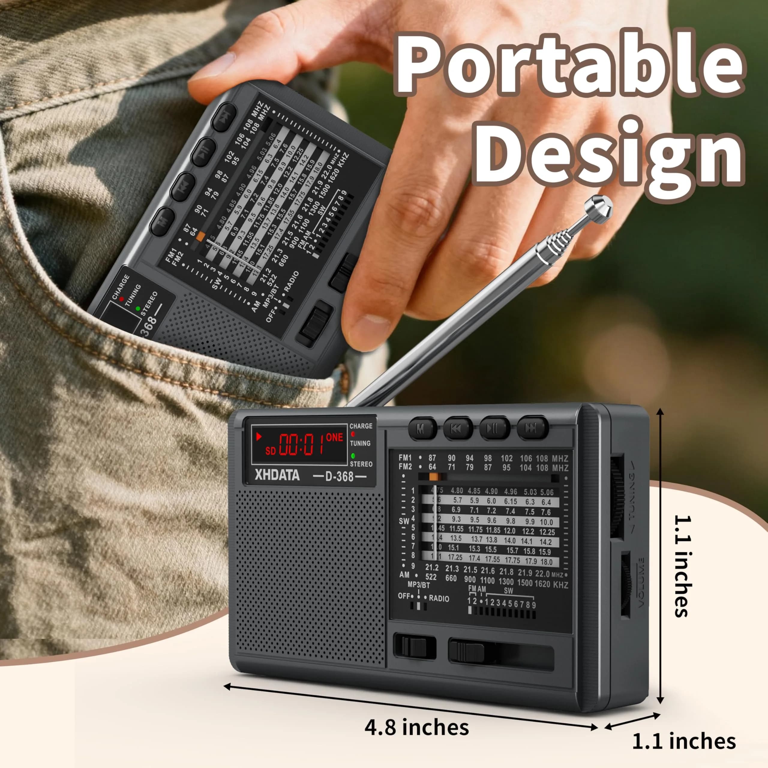 XHDATA R108 Portable Radio - Dark Grey | AM/FM/SW/LW/Airband Receiver with DSP Chip - view 4