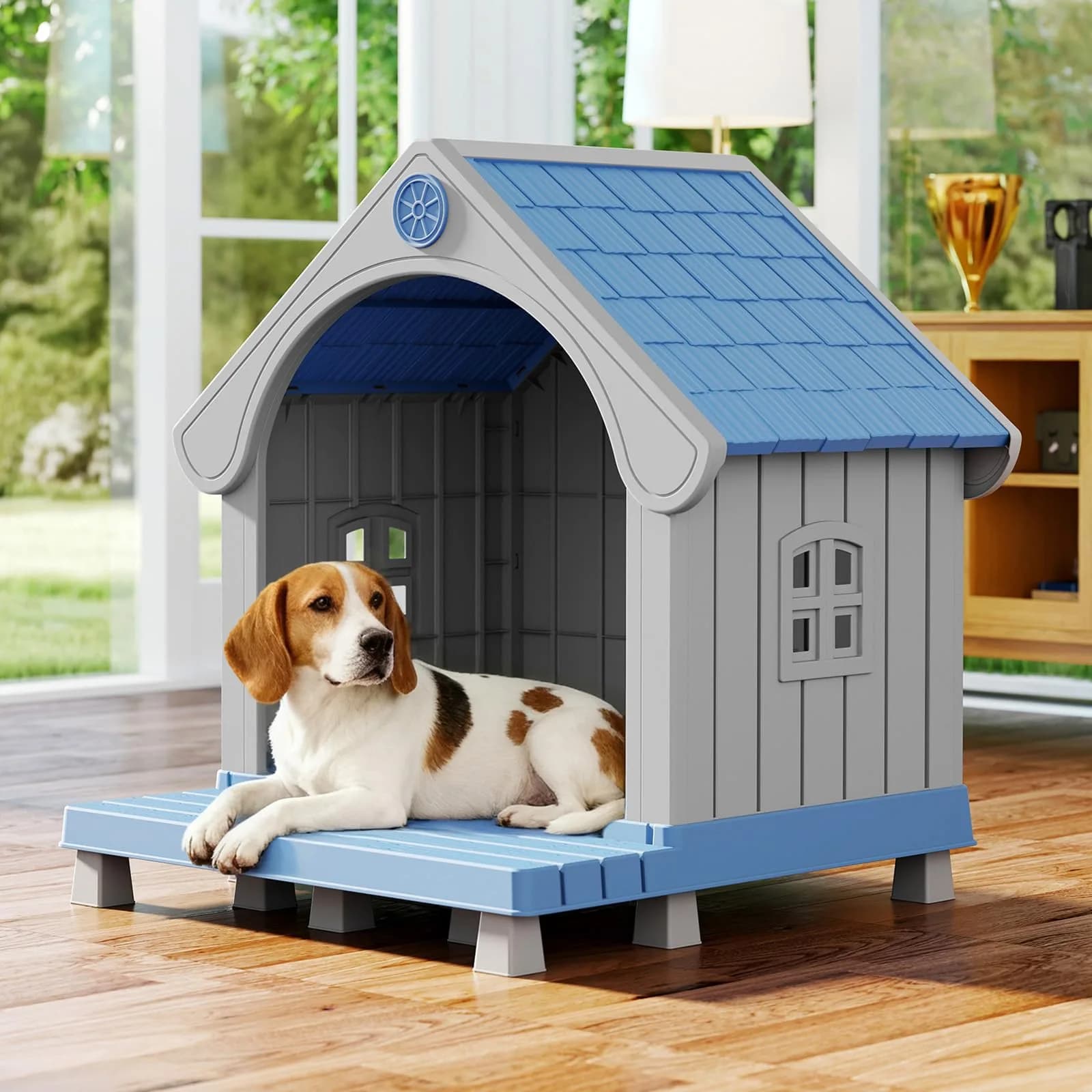 Fancyango Medium Large Dog House Outdoor Indoor | Waterproof Plastic Shelter with Air Vents & Elevated Floor — Blue1 / 33" L×31.5" W×38" H