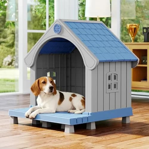 Fancyango Medium Dog House with Porch 33" L×31.5" W×38" H | Waterproof Plastic Shelter for Medium & Large Dogs thumbnail 1