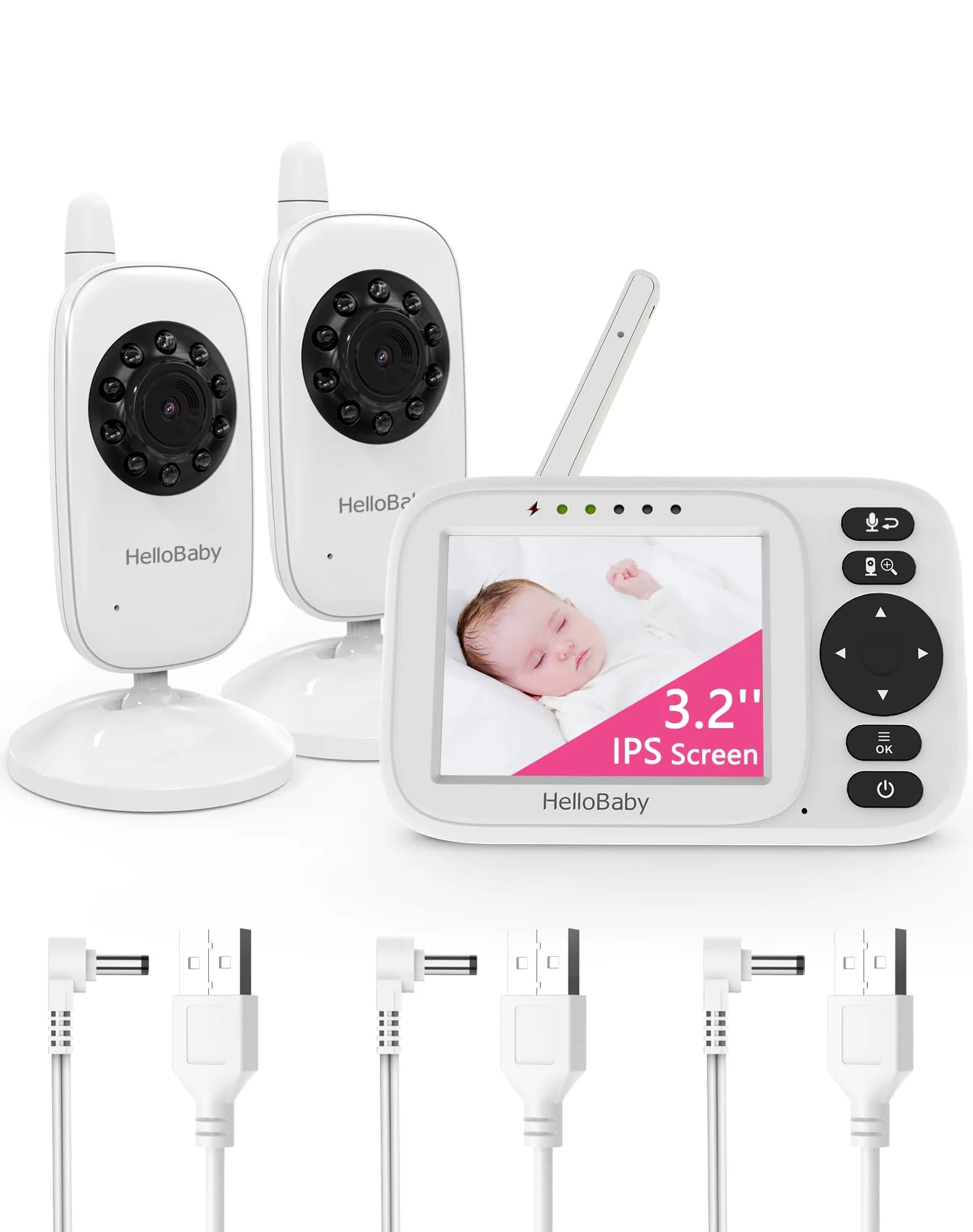 HelloBaby Video Baby Monitor with 2 Cameras & 3.2" Screen | No WiFi, 1000ft Range, Night Vision, Two-Way Talk - main product image