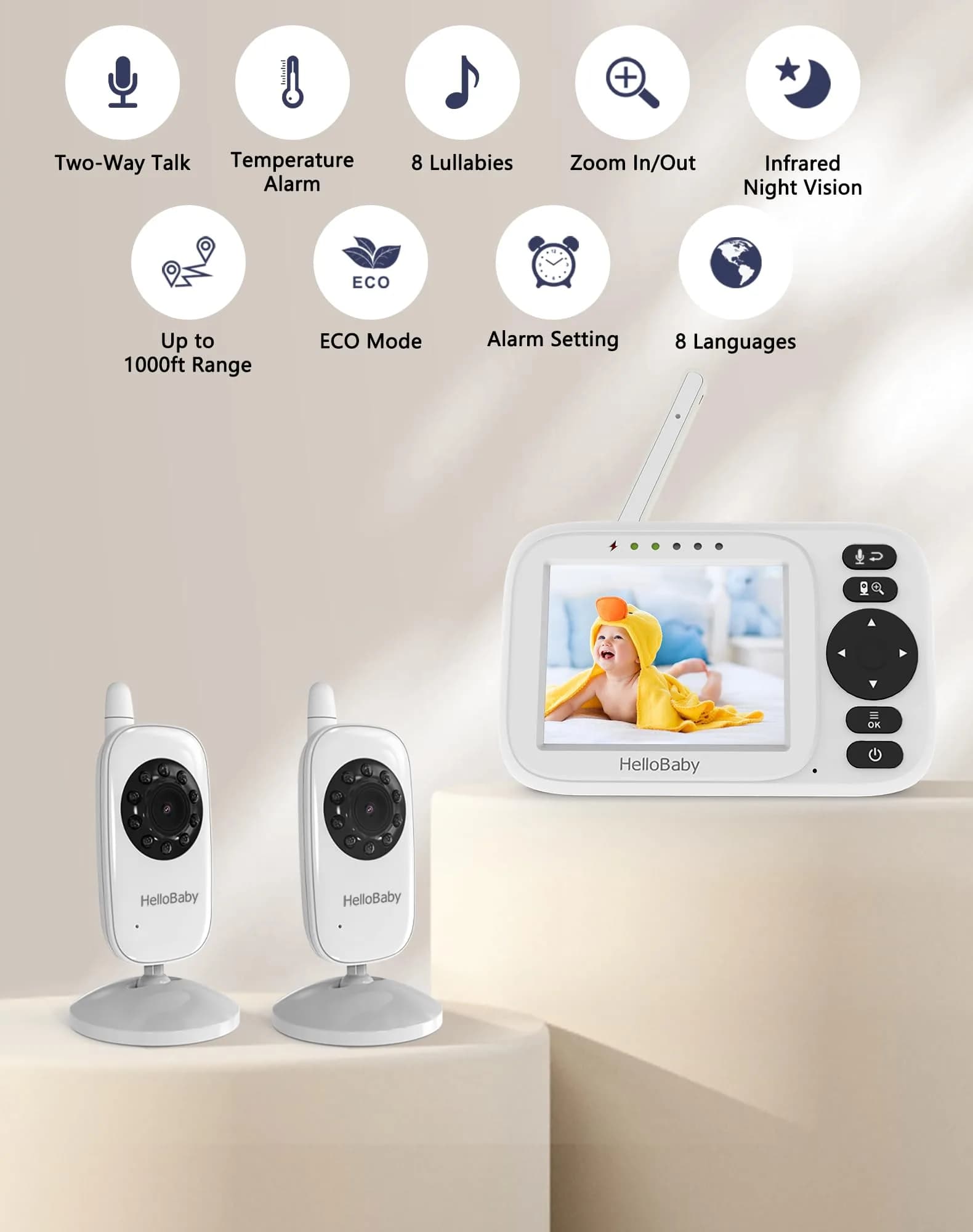 HelloBaby Video Baby Monitor with 2 Cameras & 3.2" Screen | No WiFi, 1000ft Range, Night Vision, Two-Way Talk - view 2