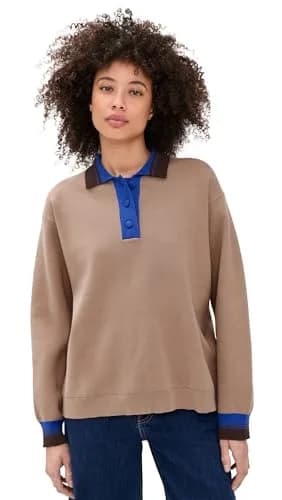 BAUM UND PFERDGARTEN Women's Chira Pullover, Camel Blue Mix, M | Polo-style Milano knit, loose fit, classic look thumbnail 1