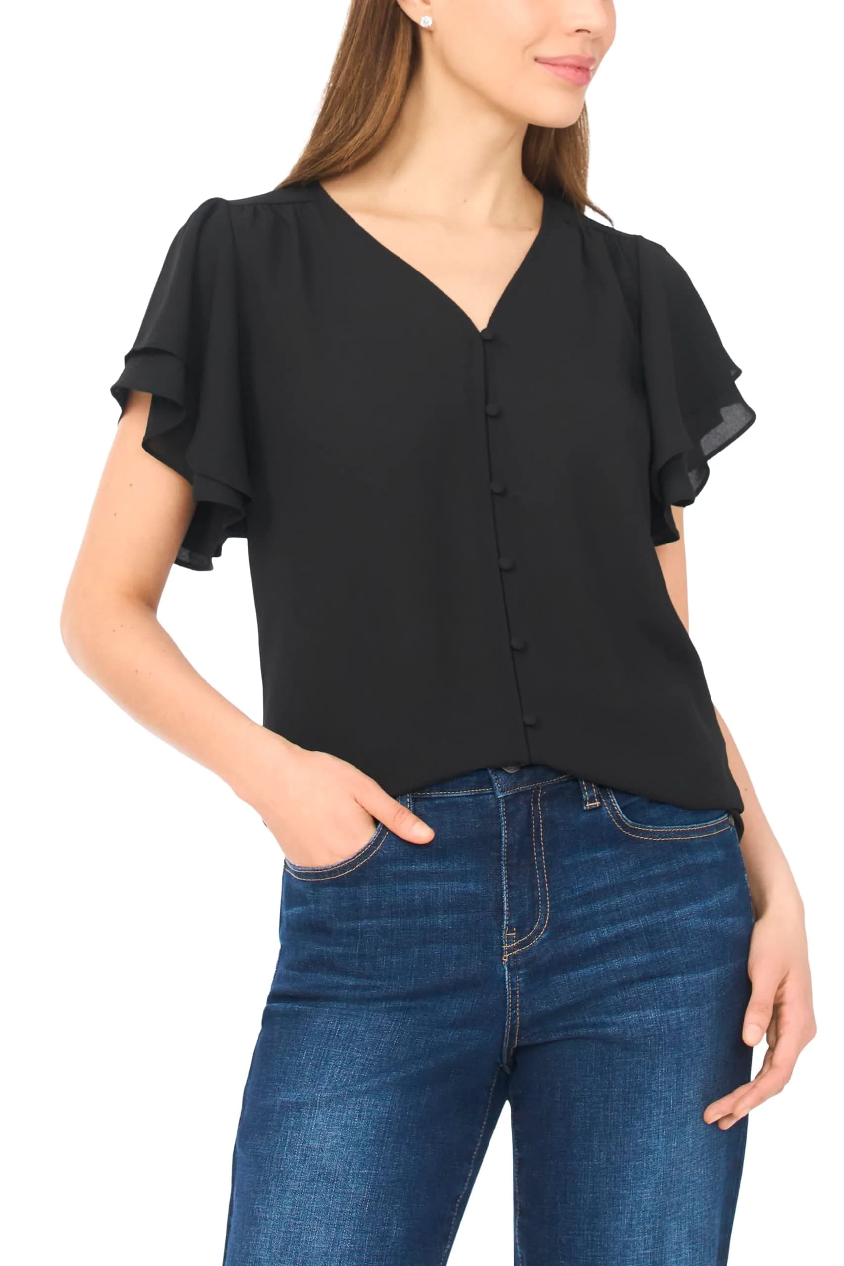 CeCe Double Flutter Sleeve Shirred Shoulder Top | Feminine Black, Lightweight, Regular Fit (70-120 chars)