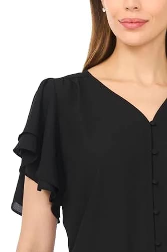 CeCe Double Flutter Sleeve Shirred Shoulder Top | Feminine Black, Lightweight, Regular Fit (70-120 chars) thumbnail 2