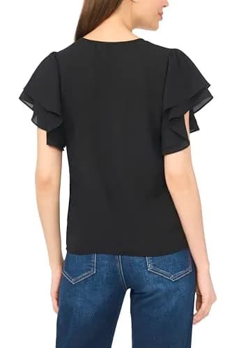 CeCe Double Flutter Sleeve Shirred Shoulder Top | Feminine Black, Lightweight, Regular Fit (70-120 chars) thumbnail 3