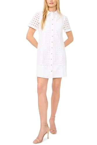CeCe Collared Eyelet Button Down Dress | Breathable Cotton, Casual Fit, Perfect for Warm Days thumbnail 1
