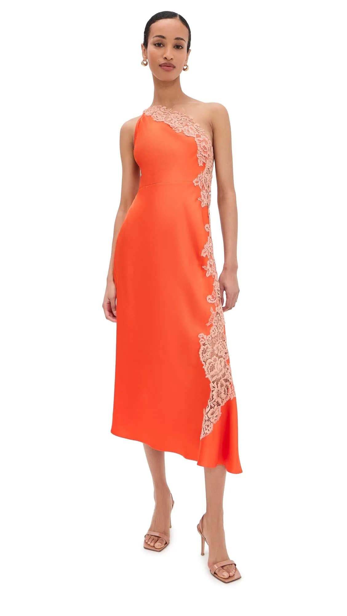 ALC Lou Dress Vivid Orange/Pale Blush | One-Shoulder Midi with Lace, Size 0