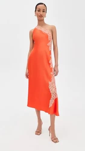ALC Lou Dress Vivid Orange/Pale Blush | One-Shoulder Midi with Lace, Size 0 thumbnail 2