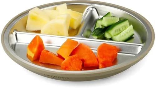 PandaEar 3 Pack Stainless Steel Baby Suction Plates | Divided Toddler Plate for Baby Led Weaning, Non-Slip, Dishwasher Safe (Linen/Brown/Tan) thumbnail 5
