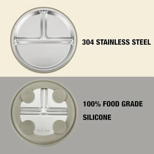 PandaEar 3 Pack Stainless Steel Baby Suction Plates | Divided Toddler Plate for Baby Led Weaning, Non-Slip, Dishwasher Safe (Linen/Brown/Tan) thumbnail 6
