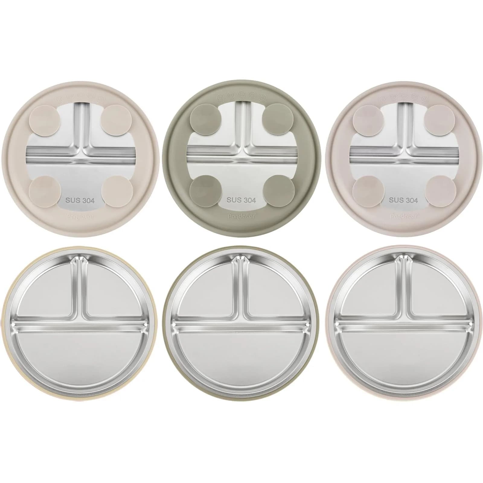 PandaEar 3 Pack Stainless Steel Baby Suction Plates | Divided Toddler Plate for Baby Led Weaning, Non-Slip, Dishwasher Safe — Linen/Brown/Tan