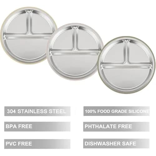 PandaEar 3 Pack Stainless Steel Baby Suction Plates | Divided Toddler Plate for Baby Led Weaning, Non-Slip, Dishwasher Safe (Linen/Brown/Tan) thumbnail 3