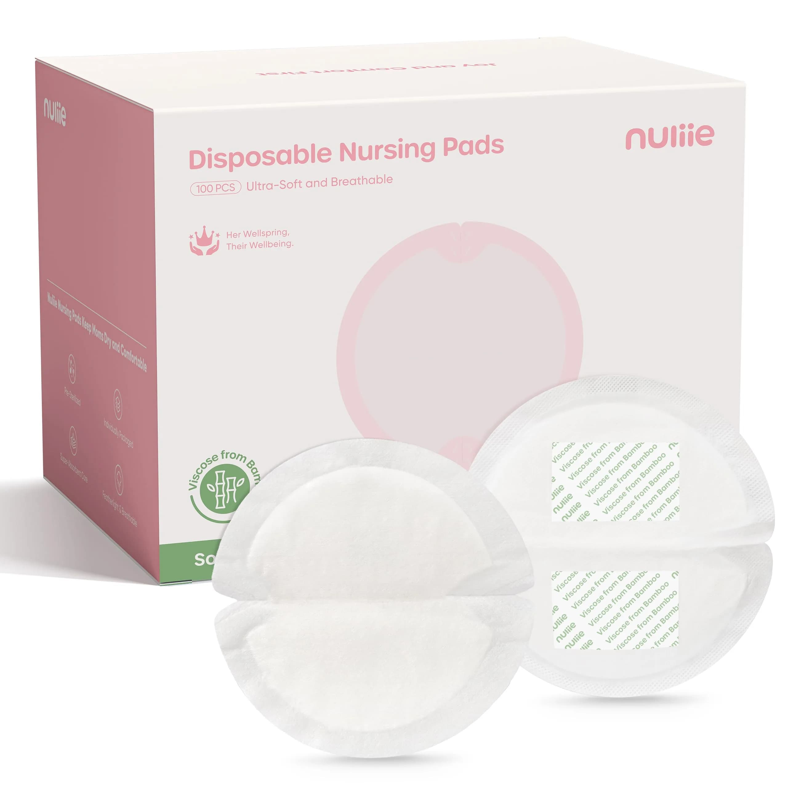 Nuliie Viscose-from-Bamboo Disposable Nursing Pads 100 Count | Super Absorbent & Featherlight for Breastfeeding Moms - main product image