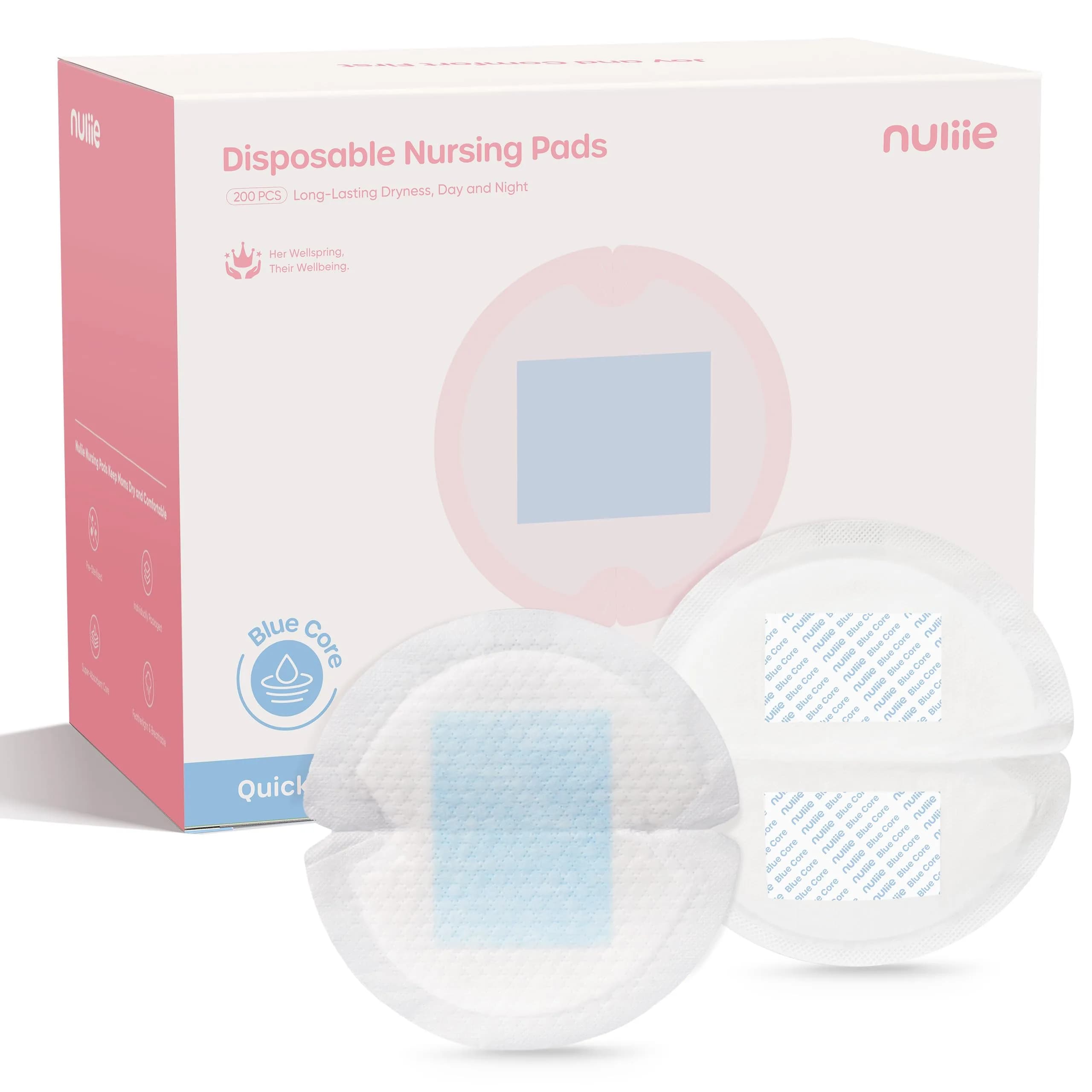 Nuliie Viscose-from-Bamboo Disposable Nursing Pads 100 Count | Super Absorbent & Featherlight for Breastfeeding Moms — Blue Core