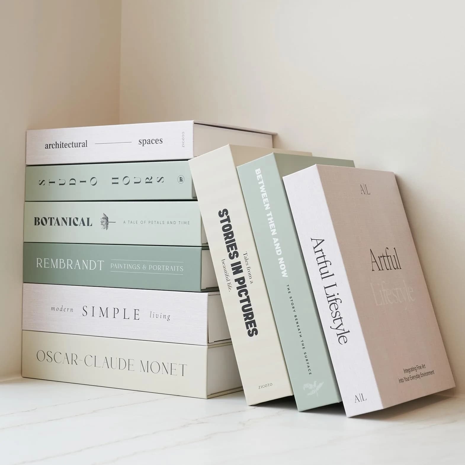 ZICOTO Decorative Faux Books Set of 9 | 24.1 cm (9.5") x 16.5 cm (6.5") x 5.1 cm (2") | Modern Sage & Beige Aesthetic Home Decor