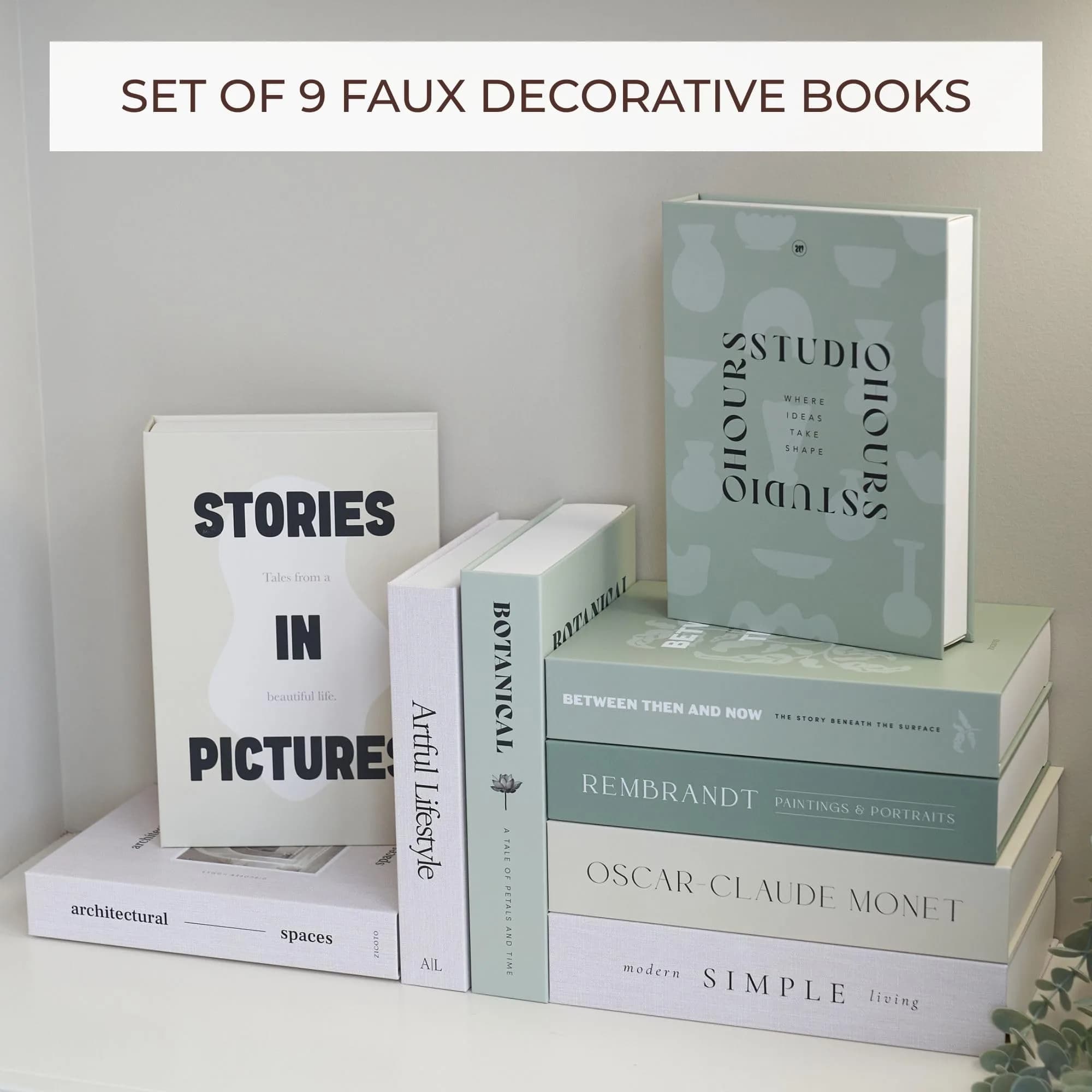 ZICOTO Decorative Faux Books Set of 9 | 24.1 cm (9.5") x 16.5 cm (6.5") x 5.1 cm (2") | Modern Sage & Beige Aesthetic Home Decor - view 3